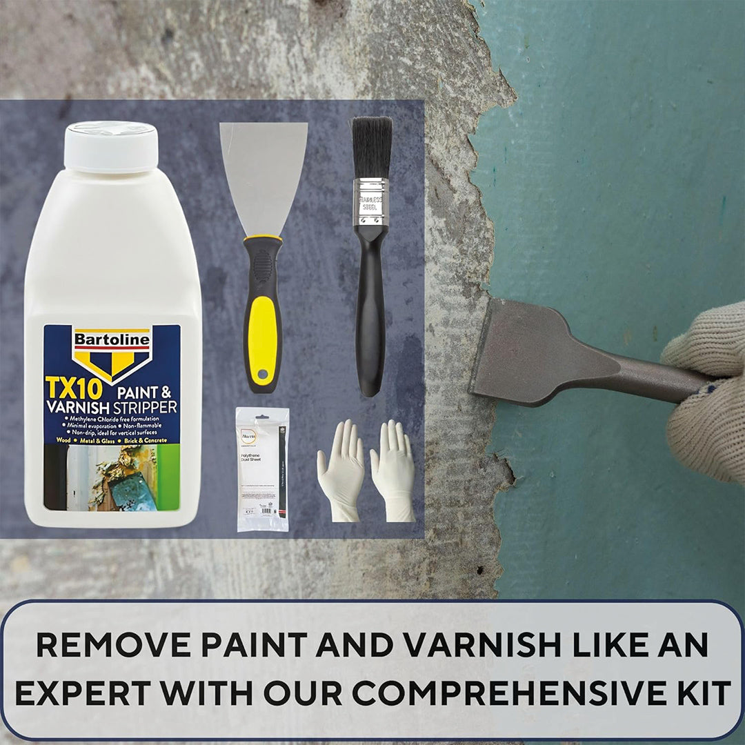 Paint Remover Bundle with Bartoline TX10 Paint Stripper/Varnish Stripper (500ml), Paint Scraper Tool, Harris Dust Sheet, MK Paintbrush & Gloves
