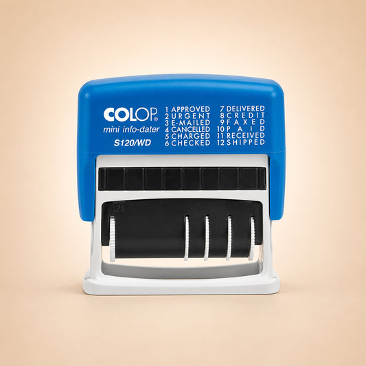 Colop S120/WD Dial-A-Phrase-Dater Stamp Self-Inking 12 Phrases Imprint 43x4mm Red/Blue Ref 14531000