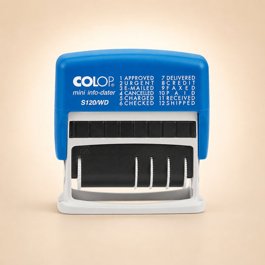 Colop S120/WD Dial-A-Phrase-Dater Stamp Self-Inking 12 Phrases Imprint 43x4mm Red/Blue Ref 14531000