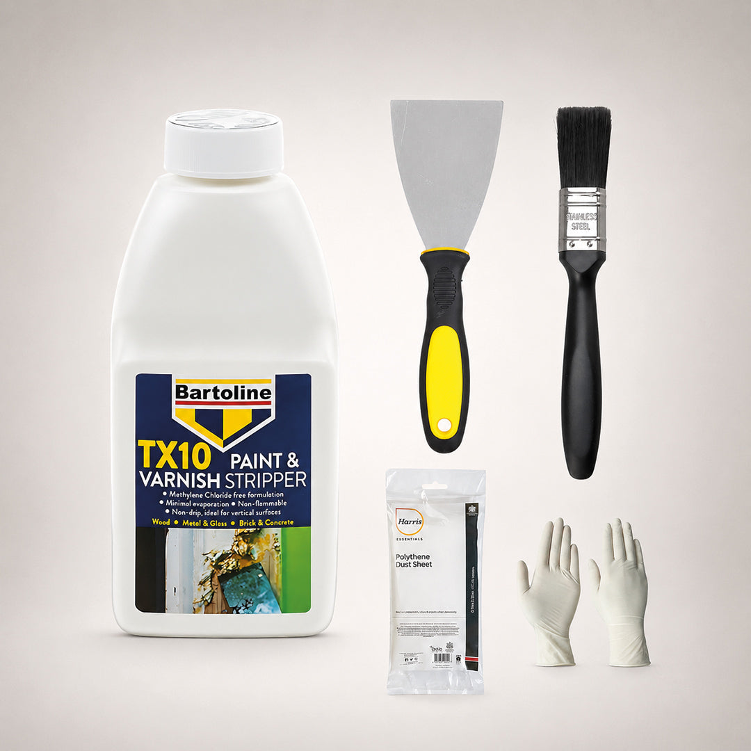 Paint Remover Bundle with Bartoline TX10 Paint Stripper/Varnish Stripper (500ml), Paint Scraper Tool, Harris Dust Sheet, MK Paintbrush & Gloves