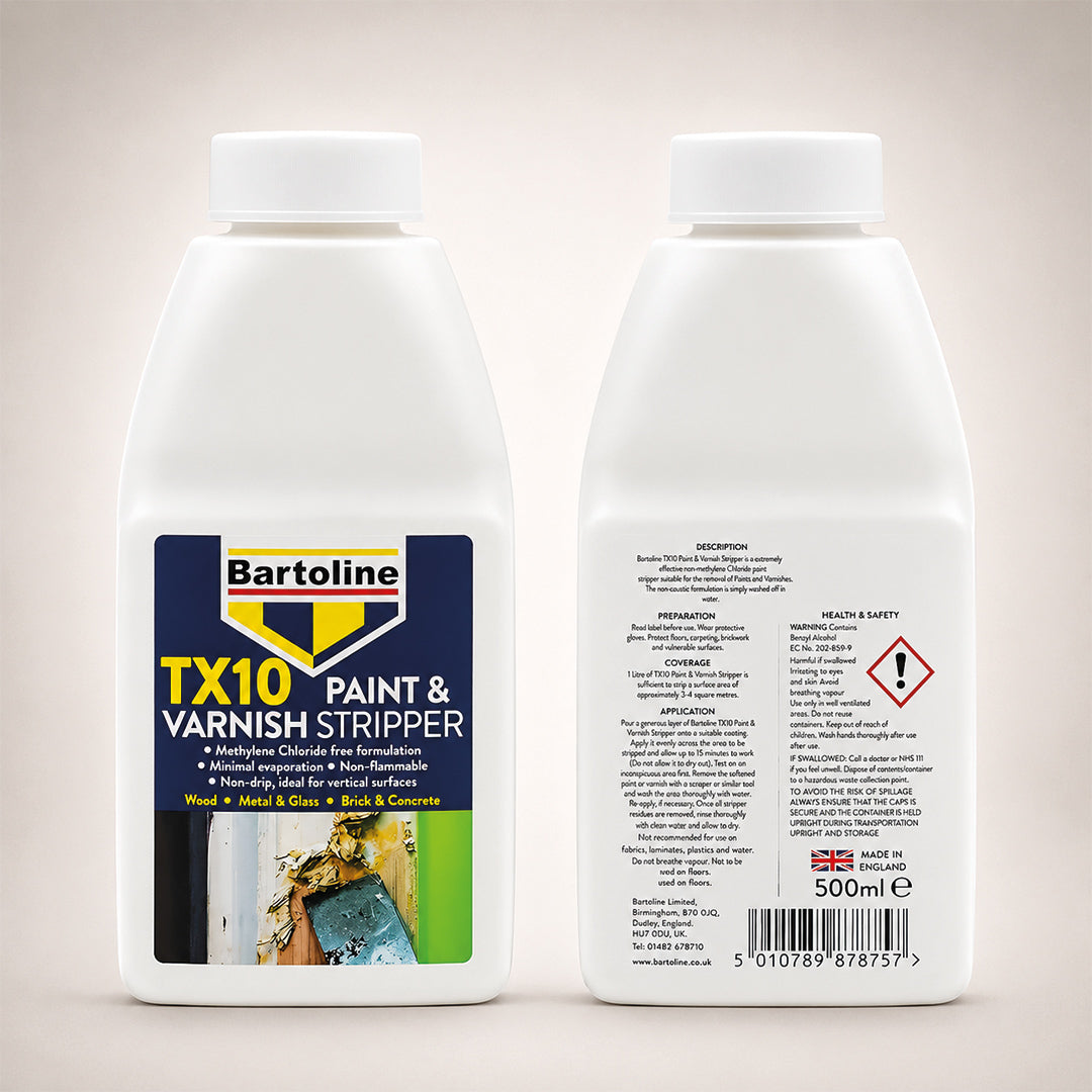 Paint Remover Bundle with Bartoline TX10 Paint Stripper/Varnish Stripper (500ml), Paint Scraper Tool, Harris Dust Sheet, MK Paintbrush & Gloves
